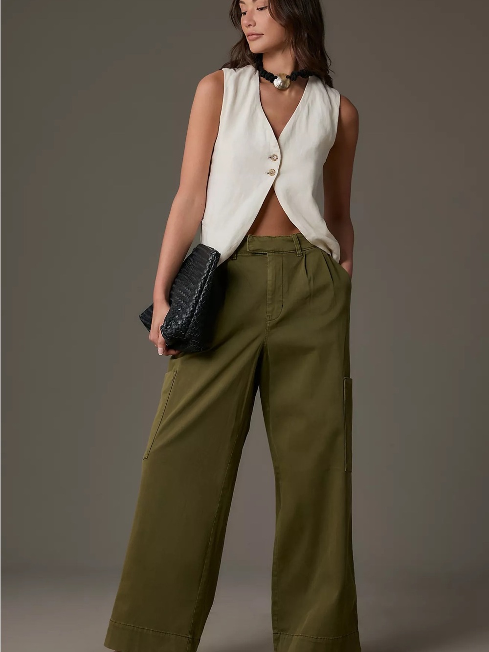 Pilcro Pleated Wide-Leg Cargo Pants Army Green Size Small - Picture 4 of 14